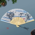 Japanese style folding fan with ink bamboo painting and navy blue silk tassel - White Ribs Style 51