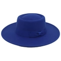 Close-up of royal blue wool boater hat with wide brim and elegant ribbon bow detail - Adult (57-60cm) / Royal Blue