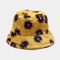 Detailed texture of yellow plush bucket hat with floral daisy patterns for winter - Yellow with Black Pink Daisy (8#)