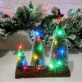 Mini sisal Christmas trees with colored LED lights on a rustic wooden base decoration - Colorful Triple Christmas Trees