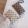 Corduroy checkered mini phone bag with wristlet in beige and coffee brown colors - Khaki and Beige Checkerboard