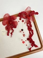 Detail of red handmade fabric flower earrings with long sequined fringe and beads - Flower Tassel Sequin Ear Clip / Red