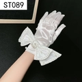 Close-up of white satin bridal glove featuring a large bow with pearl and silver bead accents - White Satin Large Bowknot Pearl Silver Beads (ST089)