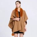 Camel knit cape cardigan with thick faux rabbit fur collar and matching pompom details - Camel