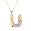 Two-tone plated copper letter U pendant necklace with pave-set zircons and hammered texture - Letter: U