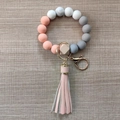 Pink and marble silicone bead wristlet keychain with leather tassel and gold clasp - Pink Series