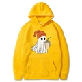Yellow Halloween hoodie with cartoon ghost graphic and coffee cup print in size M - Yellow