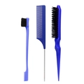 Professional blue 3-piece hair styling set with teasing brush and metal tail comb - Fine-tooth Blue