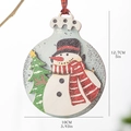 Round wooden snowman Christmas tree ornament with a classic red and black plaid lanyard - Round Snowman Painted Wood Tag