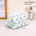 Quilted floral cosmetic bag with white lace trim and heart zipper, 18x10.5x10cm size - Green Pillow Bag