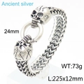 Pulsera punk de acero inoxidable plateado antiguo con calavera y cadena de eslabones - Plata Antigua