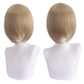 Korte blonde cosplay pruik 30cm bobo-stijl getoond op een etalagepop hoofd - Vlaskleur
