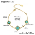 18k gold plated stainless steel bracelet with three square teal glass stones - Light Green Glass Stone Gold Bracelet / 16.5+5cm