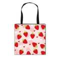 Pink canvas strawberry print shopping tote bag with black durable straps and heart details - Strawberry Heart Print