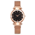 Women's rose gold mesh watch with starry black dial and faceted glass bezel display - Rose Gold