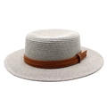 Detailed close-up of woven gray boater hat texture with brown faux leather decorative band - Gray