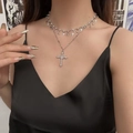 Silver multi-layer choker featuring rhinestone cross pendants in a gothic aesthetic - White Rhinestone Cross Pendant Necklace