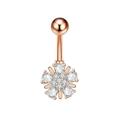 Detailed view of rose gold navel ring featuring a blooming zircon flower pendant - 2697 Rose Gold (Simple Five-Petal Flower)