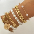 Ensemble de 5 bracelets dorés superposés avec perles, chaîne cubaine et pendentif pièce - HS596-26 Or Perle Pièce Ensemble 5pcs