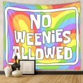 Detail of bohemian rainbow swirl tapestry with bold No Weenies Allowed text print - Rainbow Swirl