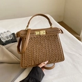 Brown woven texture handbag with gold square metal clasp and adjustable shoulder strap - Khaki