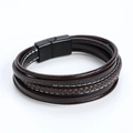 Pulsera multicapa de cuero marrón oscuro con cierre magnético negro y detalles de costura - Longitud 21cm / café
