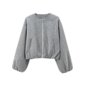 Fashionable grey cropped zip-up bomber jacket with puff sleeves and soft textured fabric - XS / Gray