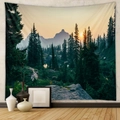 Detail view of a bohemian forest sunset tapestry hanging in a modern living room setup - 73x95cm (Brushed Fabric) / Sunset Mountains