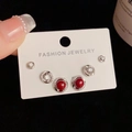 Three-pair S925 silver earring set featuring red round stones and white rhinestones - Silver-Rhinestone Red Pearl Set (4#)