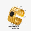18K vergoldeter Edelstahlring mit quadratischem schwarzem Stein, offenes Design - Goldener Runder Ring - Schwarz