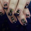 Short Halloween press-on nails with spooky cat, pumpkin, bats, and purple glitter - Dark Blue Background Old House Tombstone Bat Ghost Style (CW707)