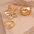 Set de 3 anillos dorados con diseños de flor, banda ancha y gota sobre piedra natural - Juego de 3 piezas estilo flor / Dorado