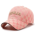 Pink baseball cap with red pattern and gold NY&JA embroidery in 3/4 side view - Adjustable / Pink