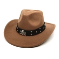 Cappello da cowboy marrone in feltro di lana con borchie a teschio e fascia in pelle - M(56-58cm) / Cachi