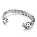 Retro punk double snake head open bangle with textured snake scales in antique silver finish - Retro Double Snake Head Open Style (KB163988-KJX)