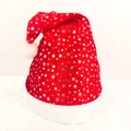Red Santa hat with silver star patterns, white faux fur trim and glowing LED light - Thin Single Layer Velvet Silver Star Hat