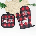 Christmas reindeer pattern oven mitt and pot holder set in red and black plaid fabric - Plaid Sika Deer