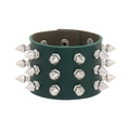 Dark green leather punk bracelet with three rows of silver metallic cone spikes - Forest Green