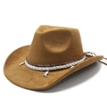 Brown suede cowboy hat with snake pattern belt and miniature boot charm detail - Khaki Suede