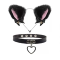 Détail de l'ensemble serre-tête oreilles de chat noir rose et tour de cou avec cœur - Ensemble Choker Noir Coeur / Noir/Intérieur Rose