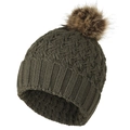 Detailed view of dark olive green knit hat with cross-texture and fluffy brown faux fur pom - Army Green