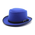 Classic royal blue felt fedora hat with black ribbon band and metallic silver buckle - M (56-58cm) / Blue