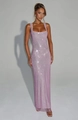 Close-up of pink mesh evening dress featuring high-density rhinestones and square neck - S / Pink