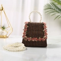 Dark brown woven straw handbag with pearl handle and pink flower embroidery - Pearl Chain / Dark Brown