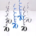 Pack of 6 metallic foil spiral ceiling hangings with number 70 in black silver and blue - 70th Birthday (Blue Silver Black) / 6 Pieces Set