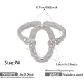 Minimalist silver stainless steel open ring with oval hollow design and white zircon - Quilted Oval with Zirconia Style (Y185) / Steel