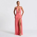 Robe longue licou rose corail avec col en V, fronces à la taille et fente haute - Rose