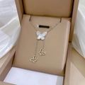 Titanium steel butterfly necklace with mother-of-pearl pendant on leather jewelry box - Three Butterflies Tassel Silver (N126)