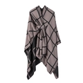 Brown grey knit poncho shawl with black check pattern and reversible solid black design - Camel