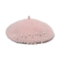 Close-up of pink wool beret featuring elegant pearl and rhinestone embellishments - Pink